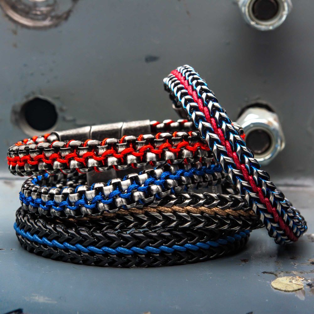 Antique Finish Stainless Steel Box Chain with Blue Wax Cord Bracelet