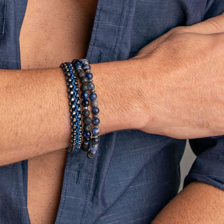 Antique Finish Stainless Steel Box Chain with Blue Wax Cord Bracelet