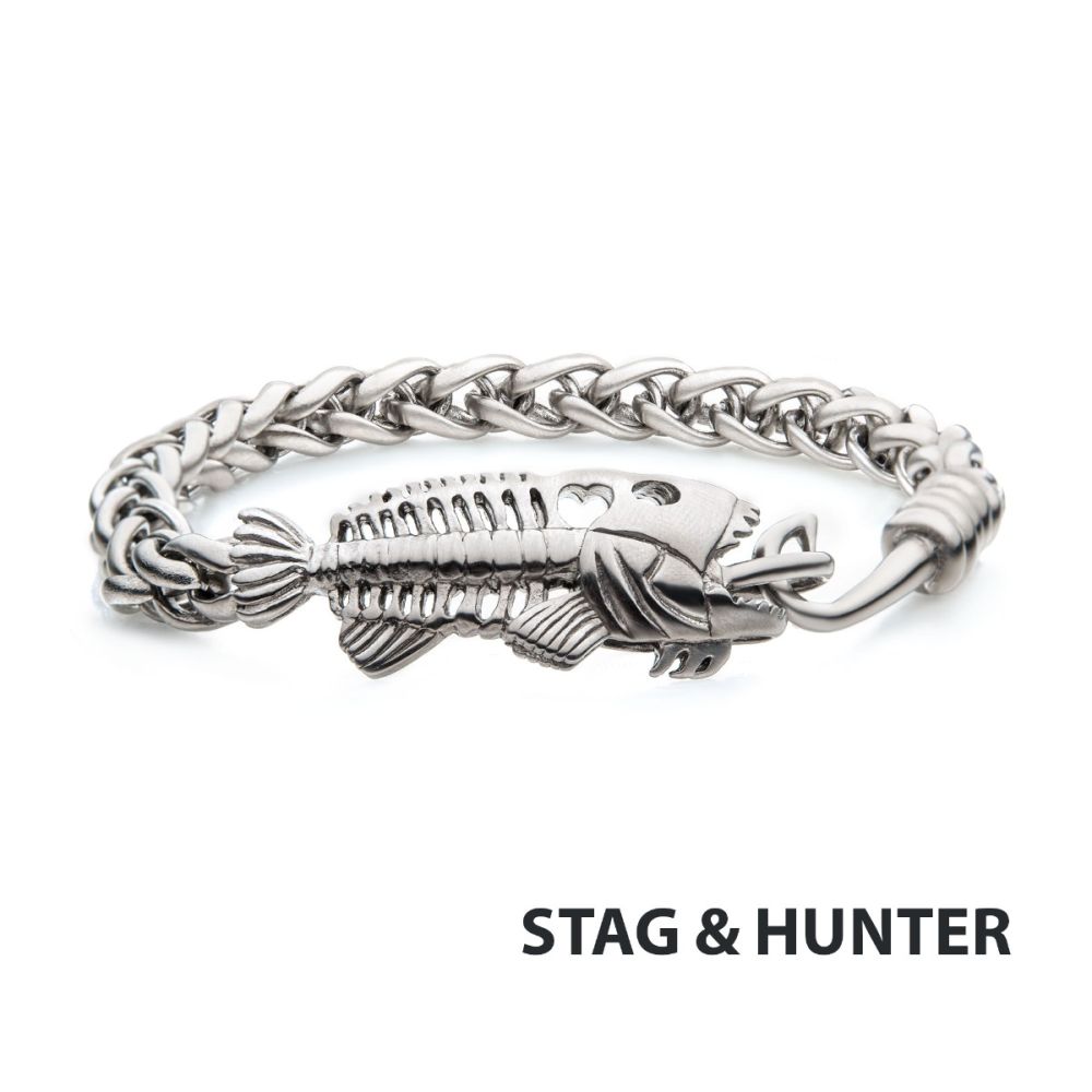 Polished Steel Wheat Chain with Fishbone on Hook Clasp Bracelet