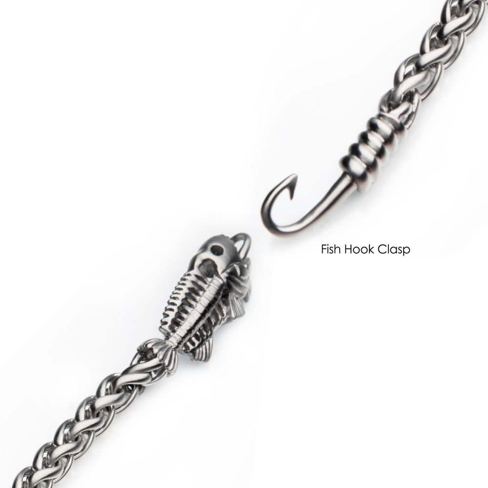 Polished Steel Wheat Chain with Fishbone on Hook Clasp Bracelet