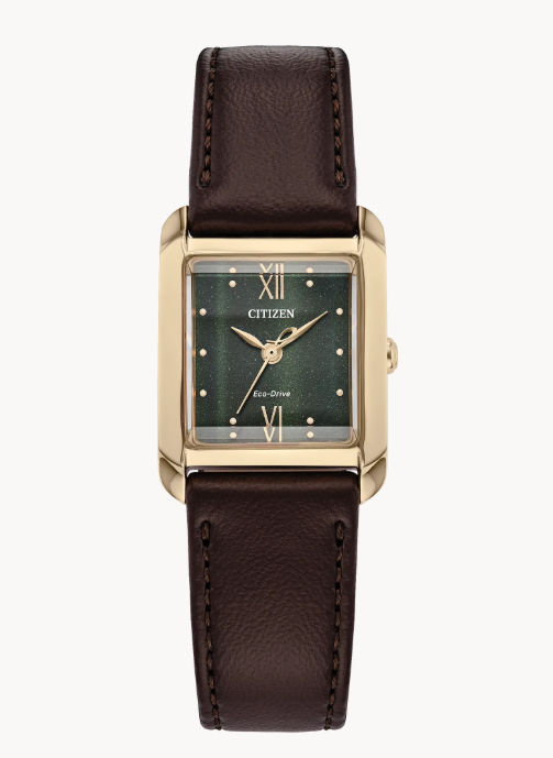 Citizen L Bianca | Ladies Eco-Drive Watch | Rose Gold-Tone Stainless Steel | Green Dial | Brown Leather Strap | EW5593-13X - Brownee Jewelers
