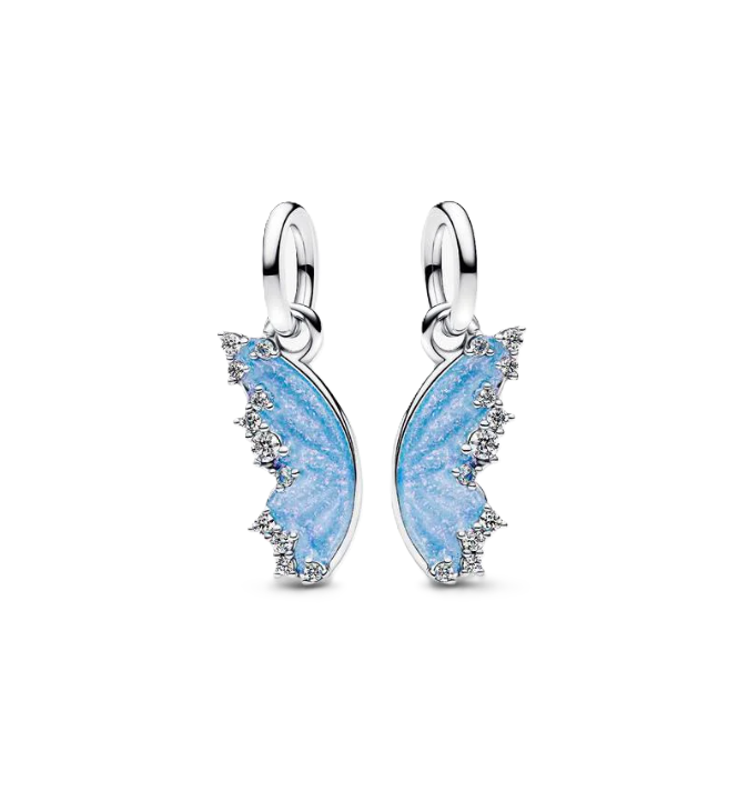Pandora Splittable Blue Butterfly Dangle Charms in Sterling Silver with Shimmering Blue Enamel and Engravings "Together" on one Wing with "Above all" on the other