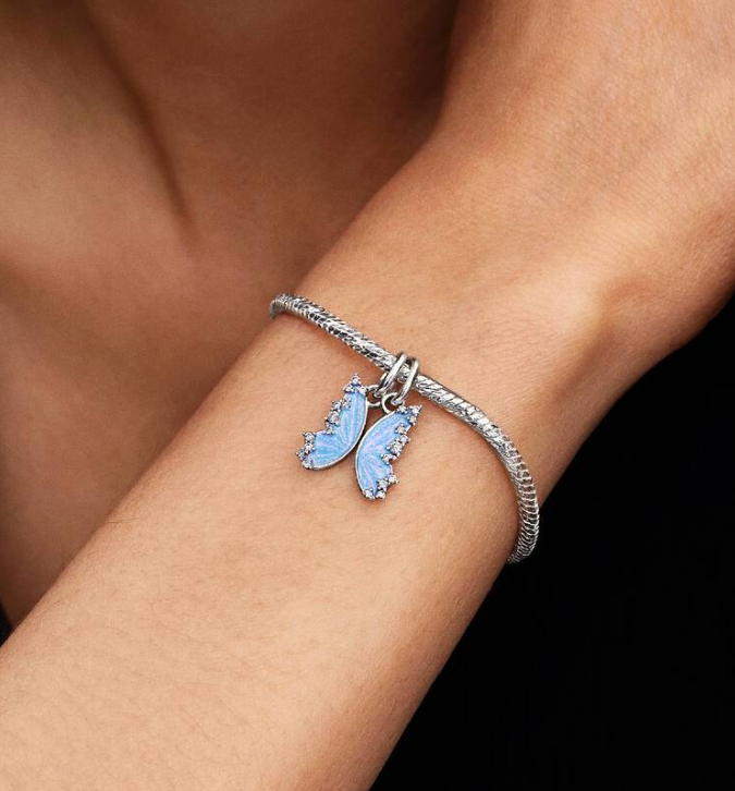 Pandora Splittable Blue Butterfly Dangle Charms in Sterling Silver with Shimmering Blue Enamel and Engravings "Together" on one Wing with "Above all" on the other
