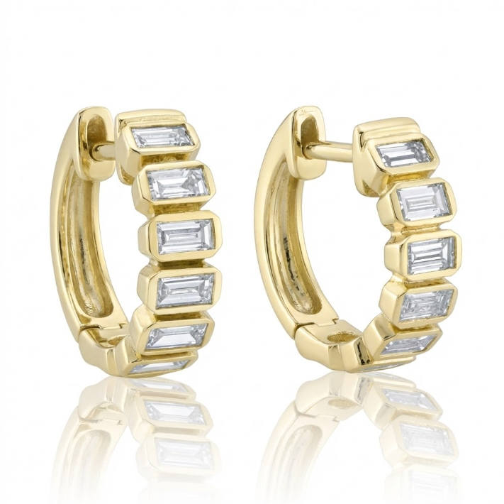 Diamond Baguette Huggie Earrings | 14K Yellow Gold | 0.59 ctw | Modern Hoop Earrings - Brownee Jewelers