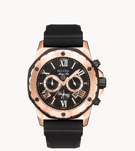 Marine Star Collection. High-performance chronograph in stainless steel with black and rose-gold ion-plated finish, black patterned dial