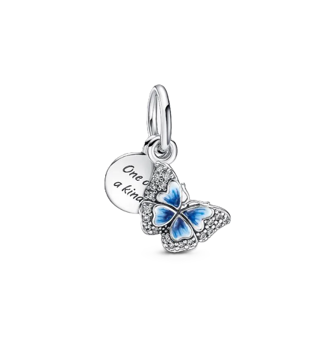 Pandora Blue Butterfly Double Dangle Charm in Sterling Silver with Clear Cubic Zirconia accents on the Butterfly