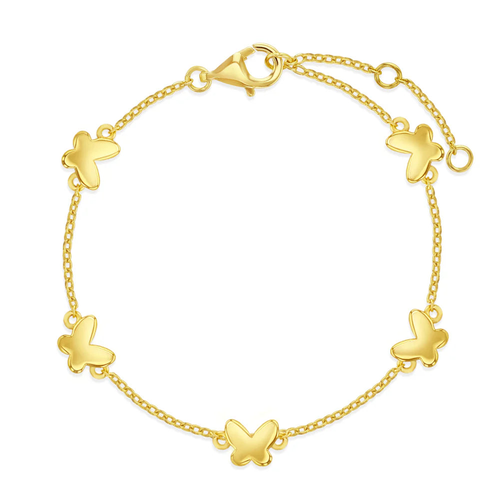 Adjustable 5 to 6 Inch Sterling Silver and 14K Yellow Gold-Plated Kids Butterfly Station Bracelet
