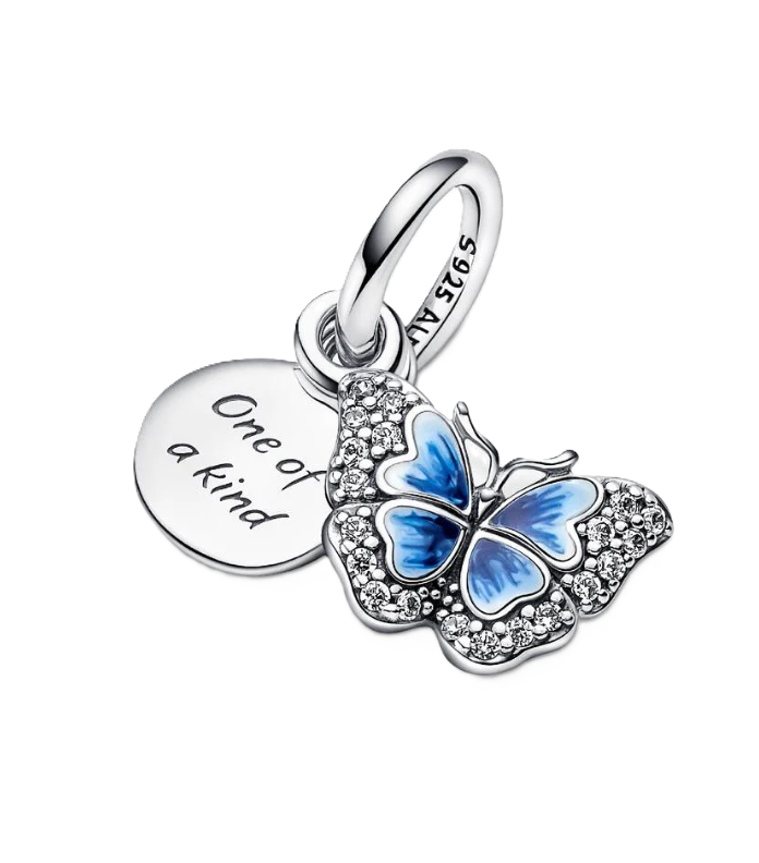Pandora Blue Butterfly Double Dangle Charm in Sterling Silver with Clear Cubic Zirconia accents on the Butterfly