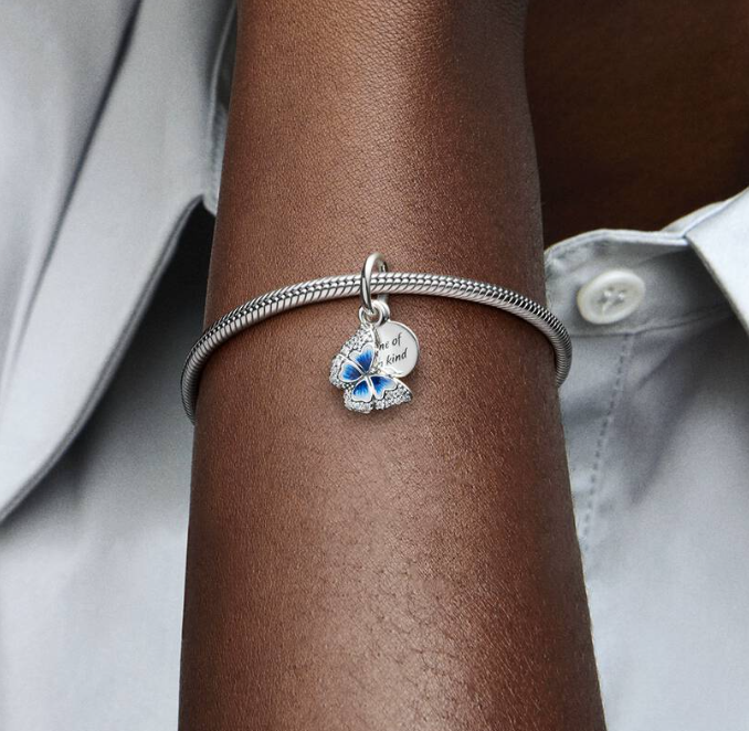 Pandora Blue Butterfly Double Dangle Charm in Sterling Silver with Clear Cubic Zirconia accents on the Butterfly
