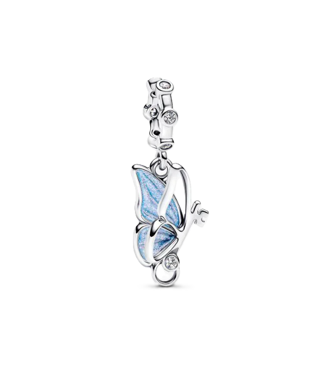 Pandora Butterfly Dangle Charm in Sterling Silver with Shimmering Blue Enamel, "Unlock Tomorrow" Engraving on the Back, and a Clear Cubic Zirconia Accent