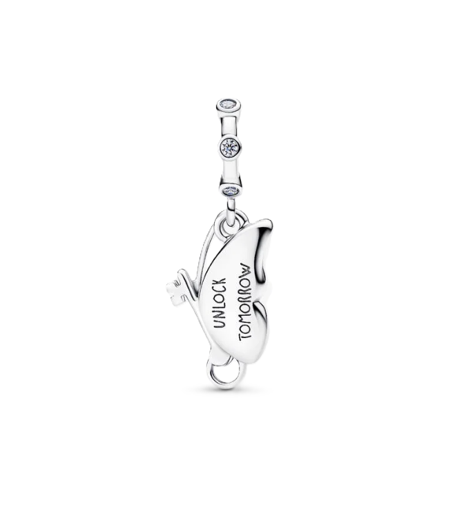 Pandora Butterfly Dangle Charm in Sterling Silver with Shimmering Blue Enamel, "Unlock Tomorrow" Engraving on the Back, and a Clear Cubic Zirconia Accent