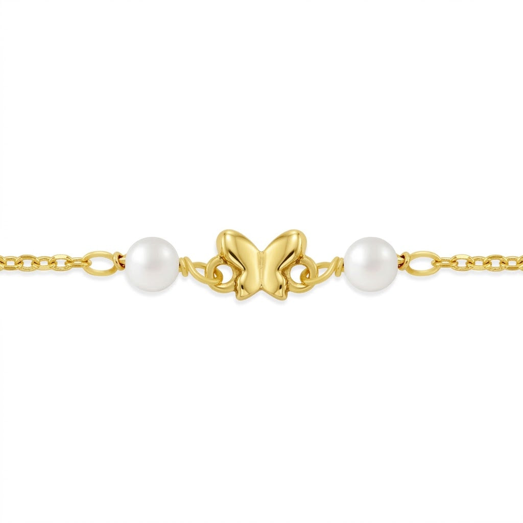 Butterfly & Freshwater Pearl Kids Bracelet | Sterling Silver & 14K Yellow Gold-Plated | Adjustable 5–6 Inches | GP-02-00241 - Brownee Jewelers