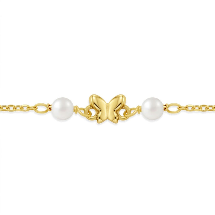 Butterfly & Freshwater Pearl Kids Bracelet | Sterling Silver & 14K Yellow Gold-Plated | Adjustable 5–6 Inches | GP-02-00241 - Brownee Jewelers