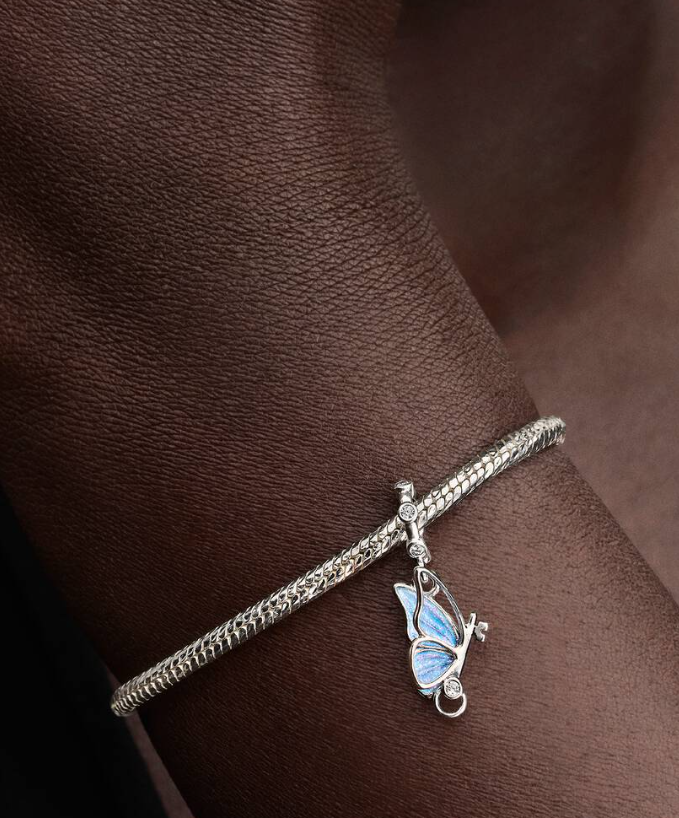 Pandora Butterfly Dangle Charm in Sterling Silver with Shimmering Blue Enamel, "Unlock Tomorrow" Engraving on the Back, and a Clear Cubic Zirconia Accent