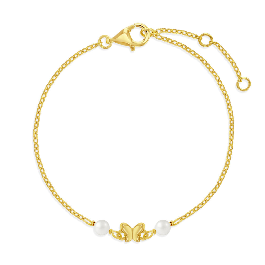 Butterfly & Freshwater Pearl Kids Bracelet | Sterling Silver & 14K Yellow Gold-Plated | Adjustable 5–6 Inches | GP-02-00241 - Brownee Jewelers