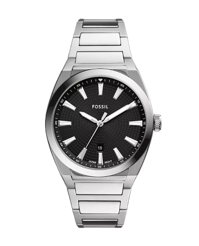 Everett Three-Hand Date Watch | Fossil | Stainless Steel | Black Dial | 18mm Bracelet - Brownee Jewelers