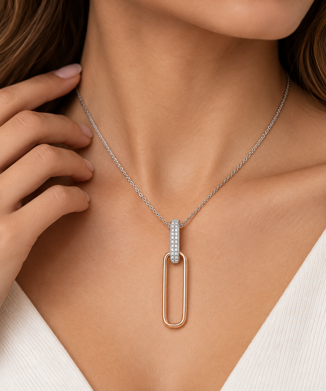 14K Two Tone Gold Diamond Paperclip Pendant