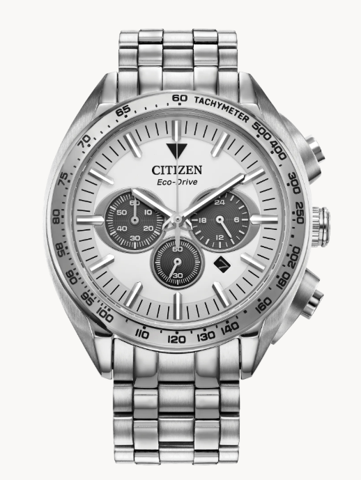 Citizen Carson | Eco-Drive Watch | Silver-Tone Stainless Steel | Silver-Tone Dial | Chronograph | CA4540-54A - Brownee Jewelers