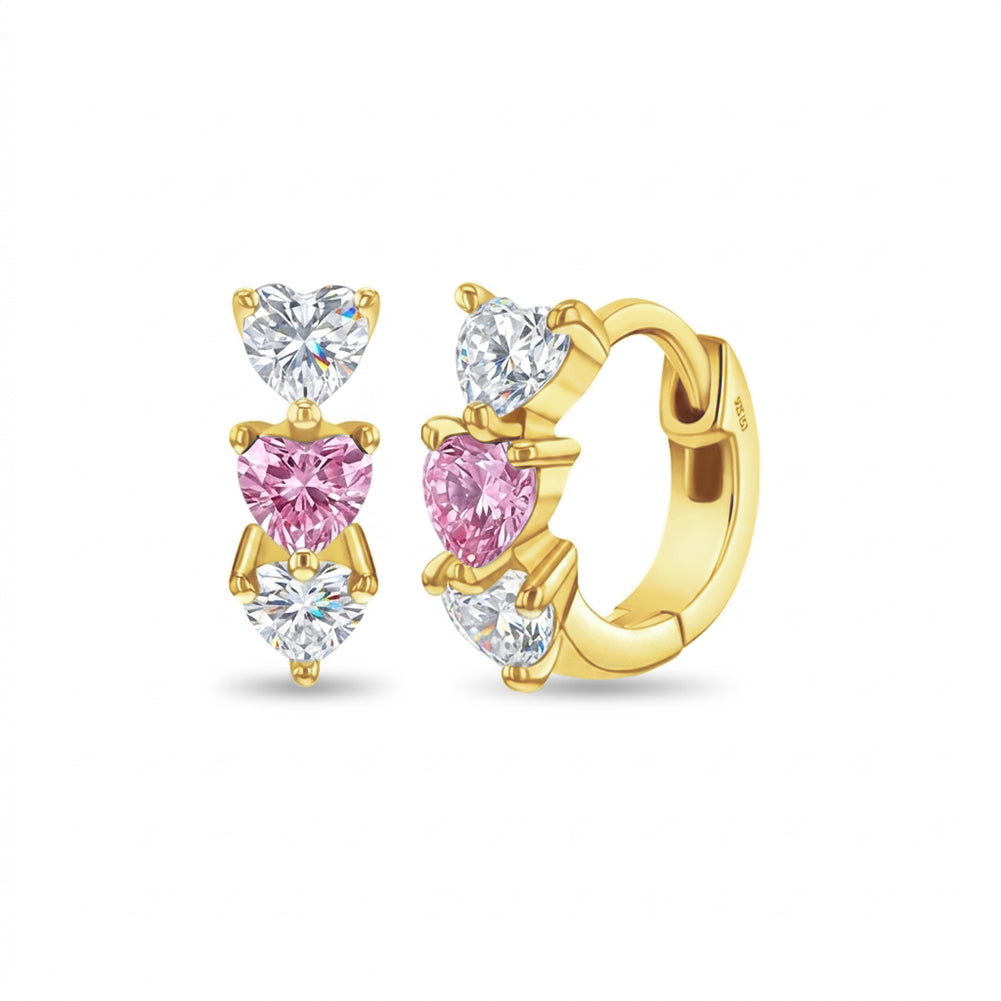 7mm Gold-Plated Sterling Silver Cascading Pink and White Heart Cubic Zirconia Huggie Earrings