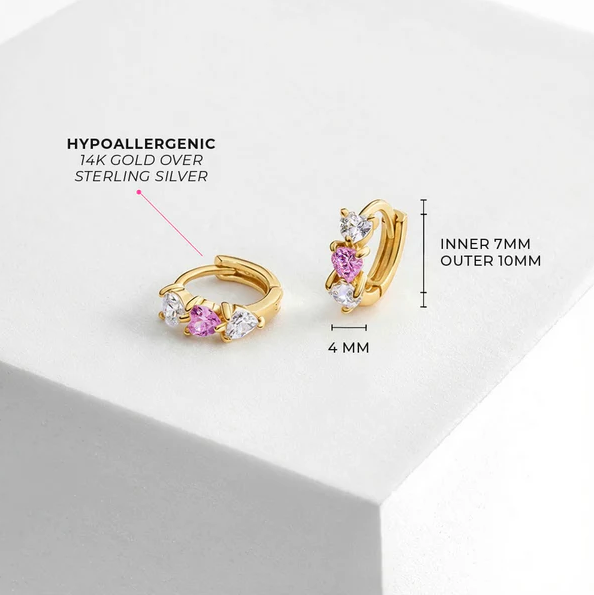 7mm Gold-Plated Sterling Silver Cascading Pink and White Heart Cubic Zirconia Huggie Earrings