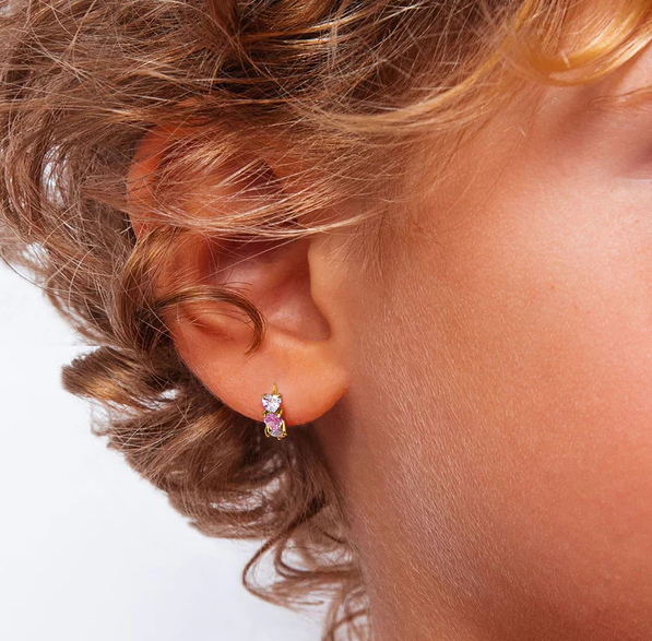 7mm Gold-Plated Sterling Silver Cascading Pink and White Heart Cubic Zirconia Huggie Earrings