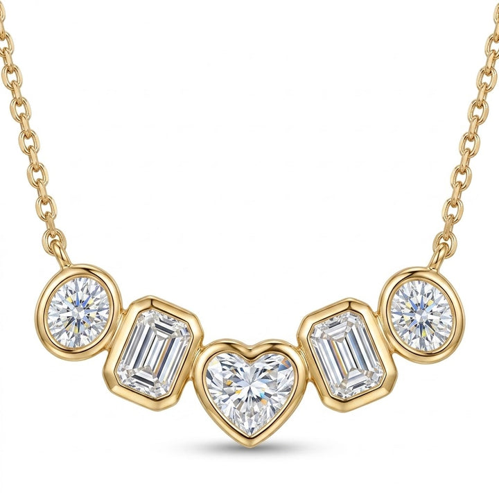 Oval, Emerald & Heart Lab-Grown Diamond Bezel Necklace | 14K Yellow Gold | 1.09 CTW Lab-Grown Diamonds | Multi-Shape Station Necklace - Brownee Jewelers