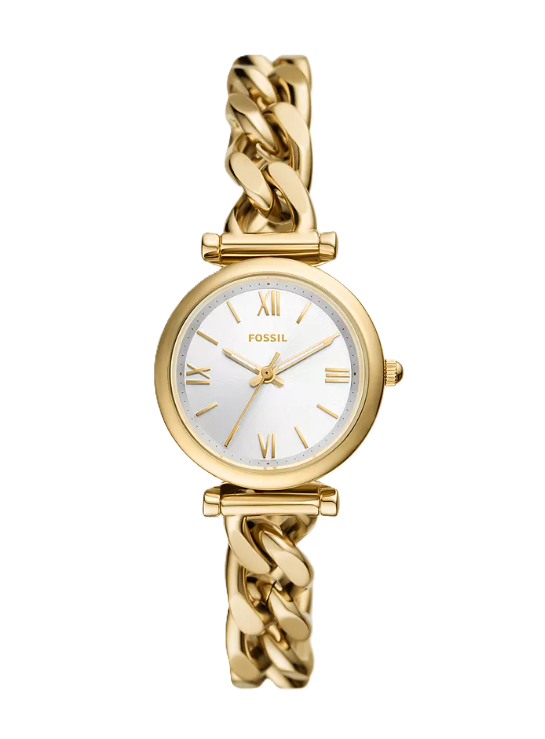 Carlie Mini Three-Hand Watch | Fossil | Gold-Tone Stainless Steel | Chain-Link Bracelet | White Dial - Brownee Jewelers