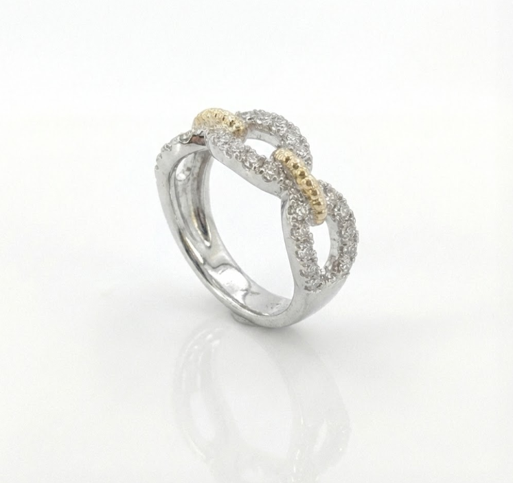 0.75 ctw Lab-Grown Diamond Pavé Link Ring | 10K Two-Tone Gold | Rope Detail Fashion Ring - Brownee Jewelers