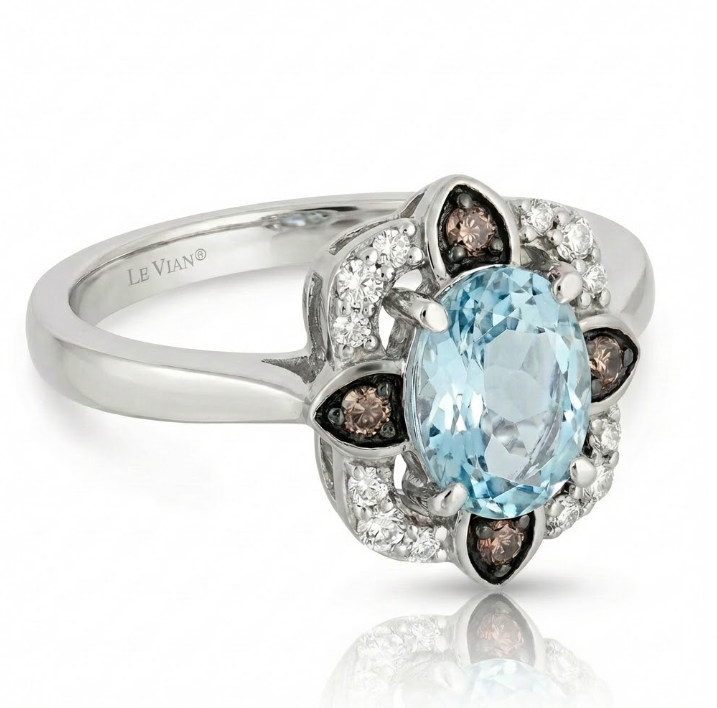 Oval Aquamarine Halo Ring | 14K White Gold | 1.20 ctw | Chocolate & Vanilla Diamonds® - Brownee Jewelers