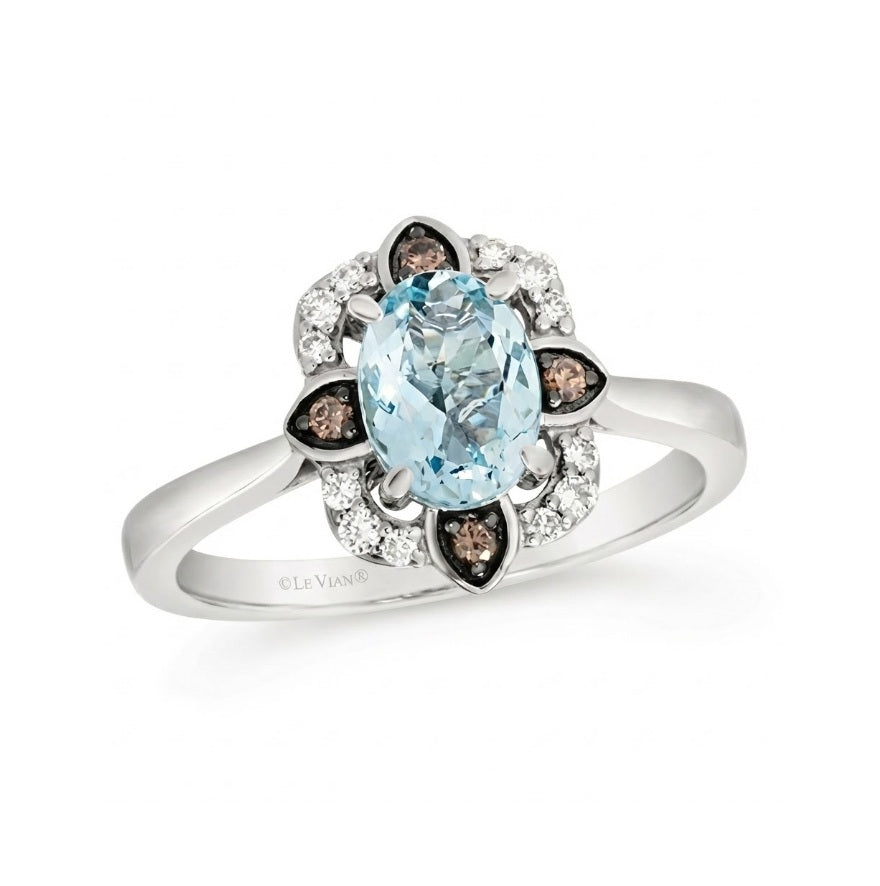 Oval Aquamarine Halo Ring | 14K White Gold | 1.20 ctw | Chocolate & Vanilla Diamonds® - Brownee Jewelers