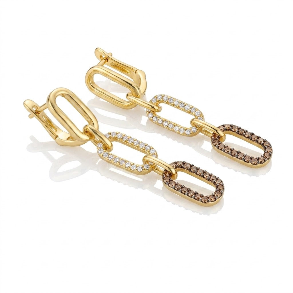 Diamond Link Drop Earrings | 14K Yellow Gold | White & Chocolate Round Diamonds | Hinged Drop | TSRY 33 - Brownee Jewelers