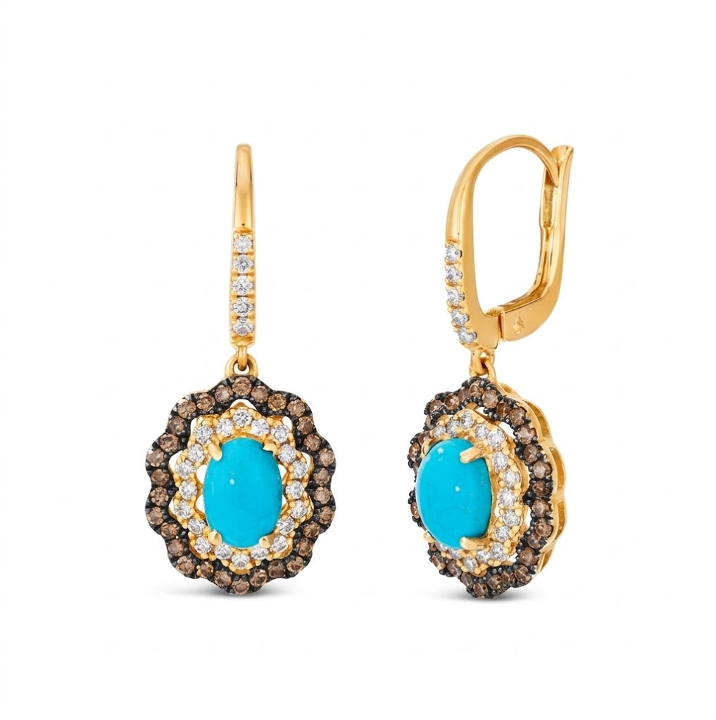 Oval Turquoise & Diamond Drop Earrings | 14K Yellow Gold | Chocolate & Vanilla Diamonds® | TSXX 20 - Brownee Jewelers