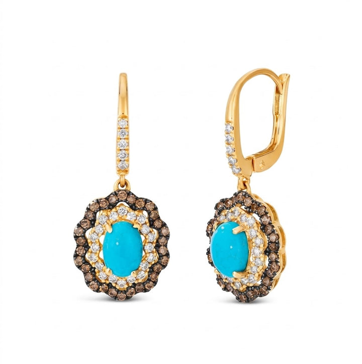 Oval Turquoise & Diamond Drop Earrings | 14K Yellow Gold | Chocolate & Vanilla Diamonds® | TSXX 20 - Brownee Jewelers