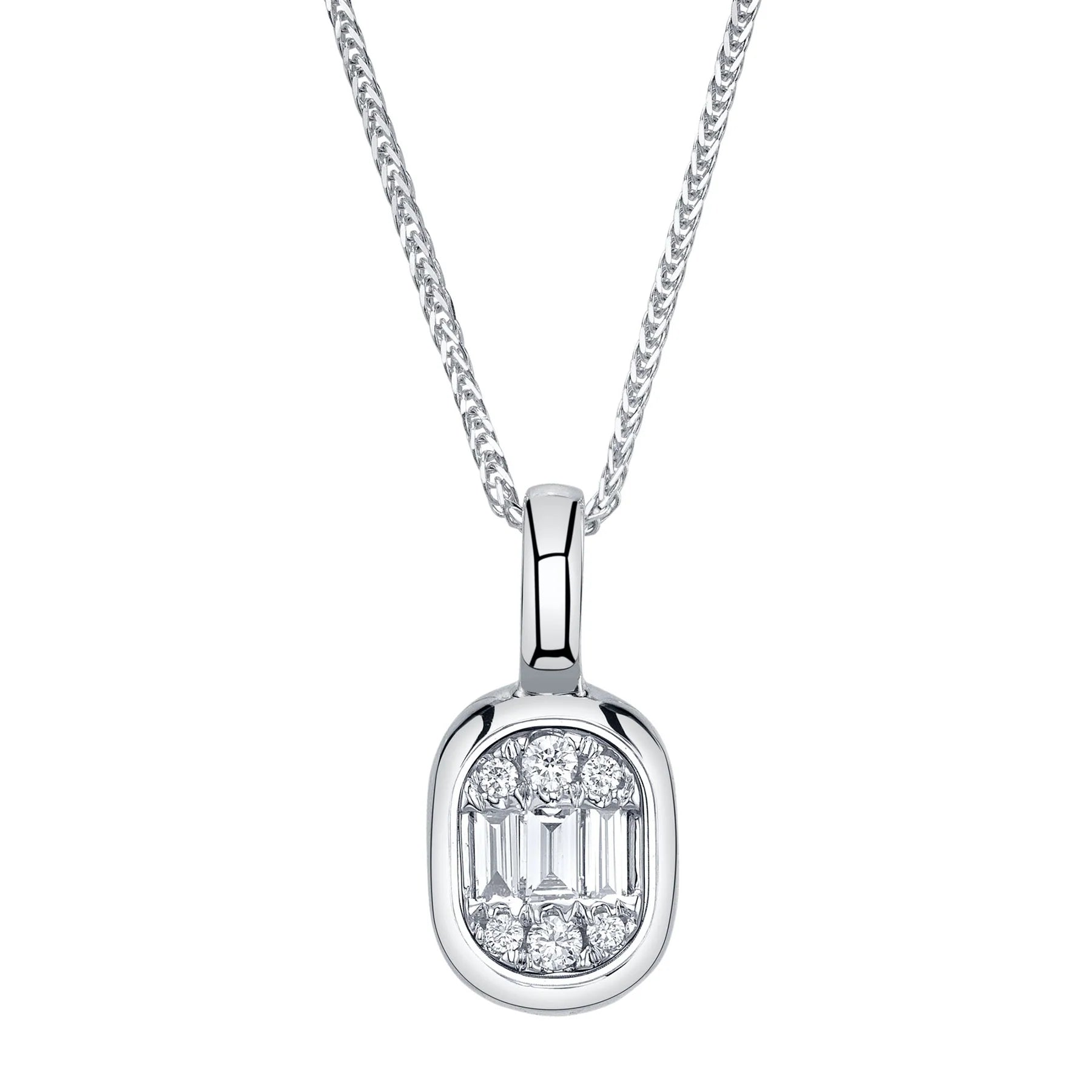 SHY CREATION | .10CT ROUND & BAGUETTE DIAMOND CHOPIN CHAIN NECKLACE | 14K WHITE GOLD | B22001012V4 - Brownee Jewelers