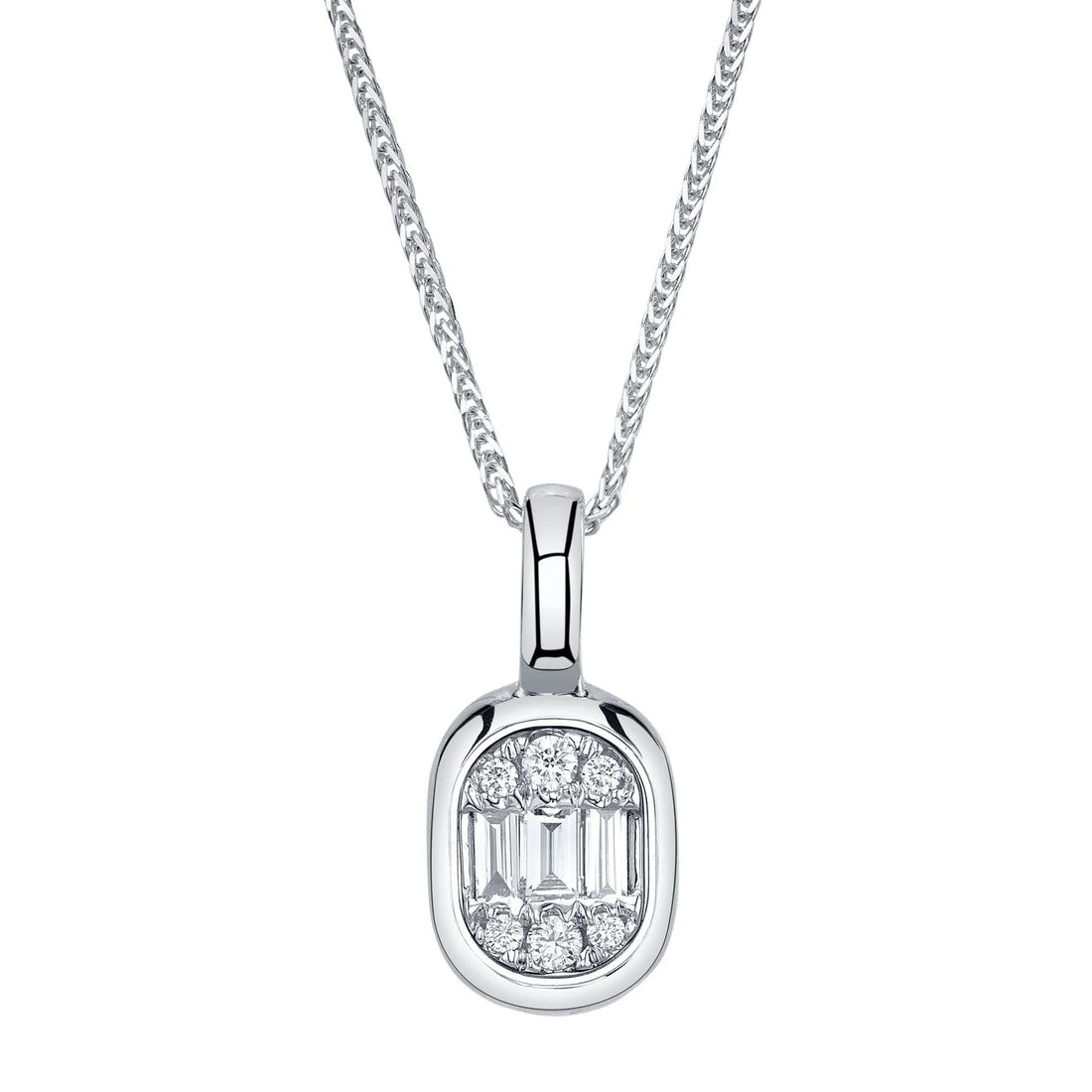 SHY CREATION | .10CT ROUND & BAGUETTE DIAMOND CHOPIN CHAIN NECKLACE | 14K WHITE GOLD | B22001012V4 - Brownee Jewelers