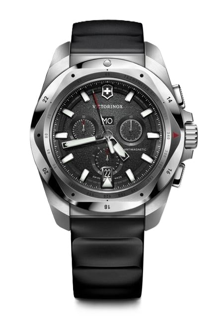 VictorInox Swiss Army I.N.O.X. Chrono Stainless Steel Watch with a Black Dial and Black Rubber Strap