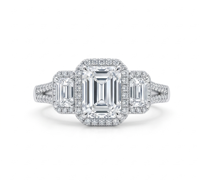 Emerald Cut Lab-Grown Diamond Ring | 14K White Gold | Approx. 3 ct Center with Emerald & Round Diamond Halo Accents | 4.54 ctw - Brownee Jewelers