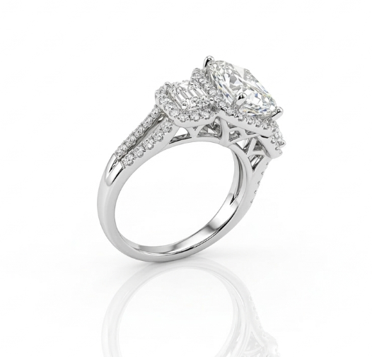 Emerald Cut Lab-Grown Diamond Ring | 14K White Gold | Approx. 3 ct Center with Emerald & Round Diamond Halo Accents | 4.54 ctw - Brownee Jewelers
