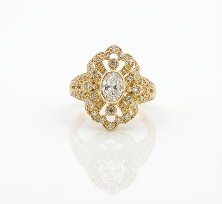 Oval Diamond Halo Ring | 14K Yellow Gold | 0.94 ct Center | Round Diamond Accents | Statement Cocktail Style - Brownee Jewelers