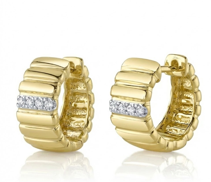 Diamond Ribbed Huggie Earrings | 14K Yellow Gold | 0.09 ctw | Pavé Huggies - Brownee Jewelers