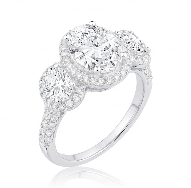 Oval Lab-Grown Diamond Three-Stone Halo Ring | 14K White Gold | 3.00 ct Center, 4.63 ctw | Oval Side Diamonds - Brownee Jewelers