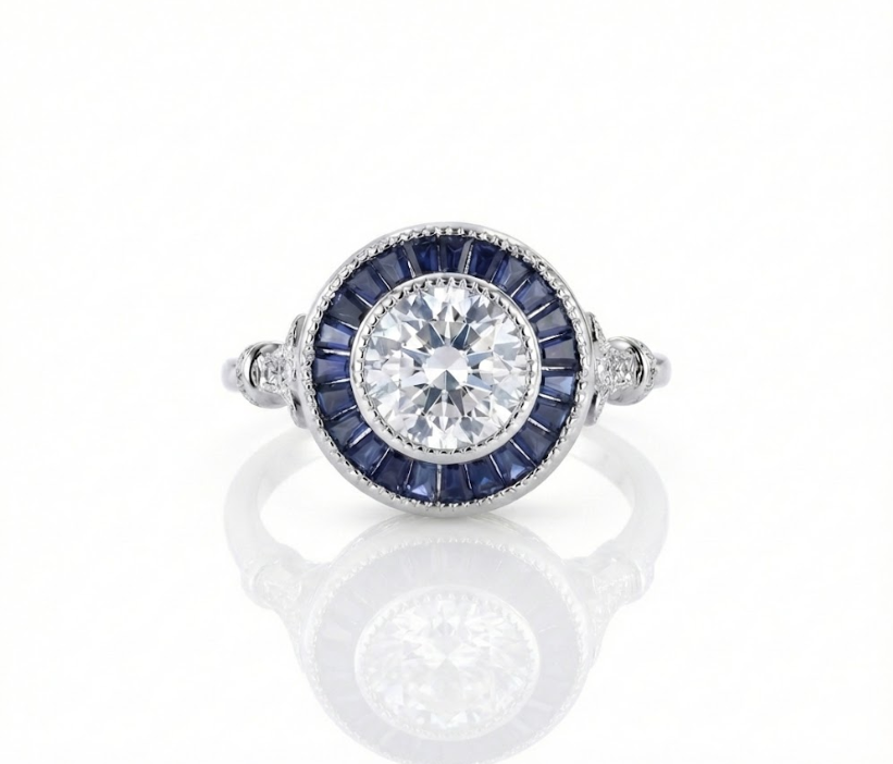 Round CZ & Baguette Lab Sapphire Halo Ring | Sterling Silver - Brownee Jewelers