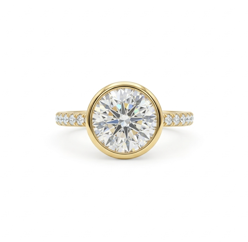 3.18 ctw Lab-Grown Diamond Engagement Ring | 14K Yellow Gold | 3.00 ct Round Bezel Set | Pavé Diamond Band - Brownee Jewelers