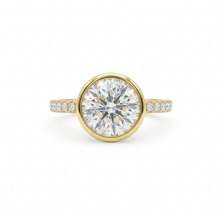 3.18 ctw Lab-Grown Diamond Engagement Ring | 14K Yellow Gold | 3.00 ct Round Bezel Set | Pavé Diamond Band - Brownee Jewelers