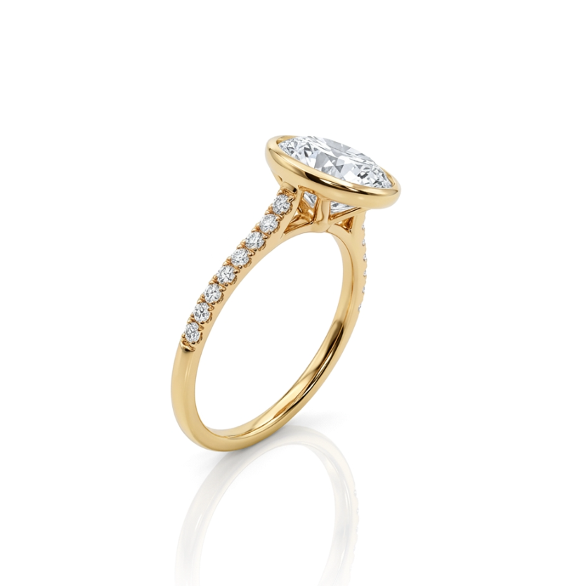 3.18 ctw Lab-Grown Diamond Engagement Ring | 14K Yellow Gold | 3.00 ct Round Bezel Set | Pavé Diamond Band - Brownee Jewelers