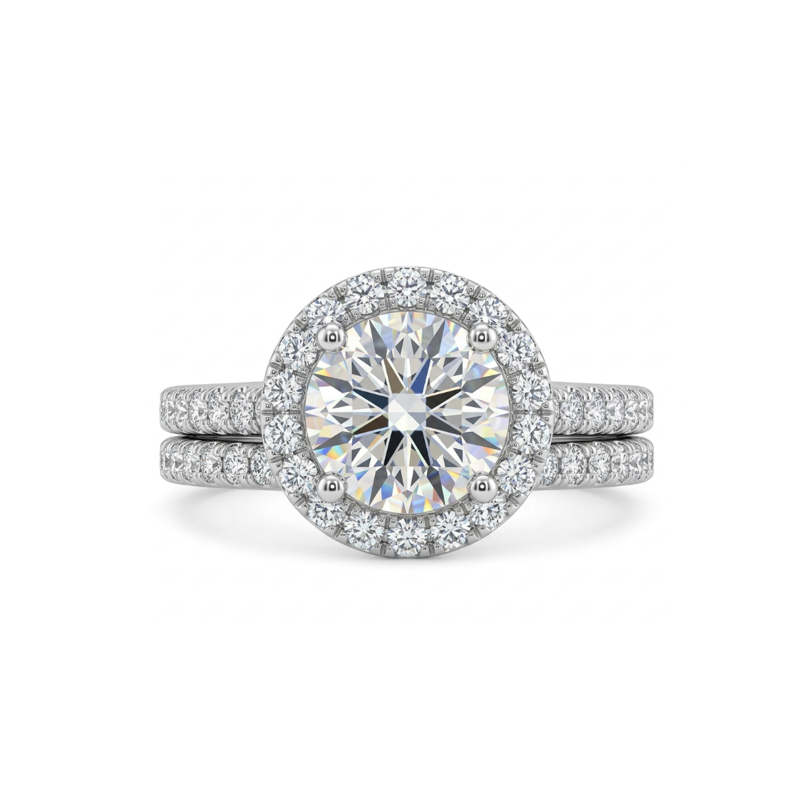 Round Lab-Grown Diamond Halo Bridal Ring Set | 14K White Gold | Engagement Ring Set | 1.00 ct Center - Brownee Jewelers