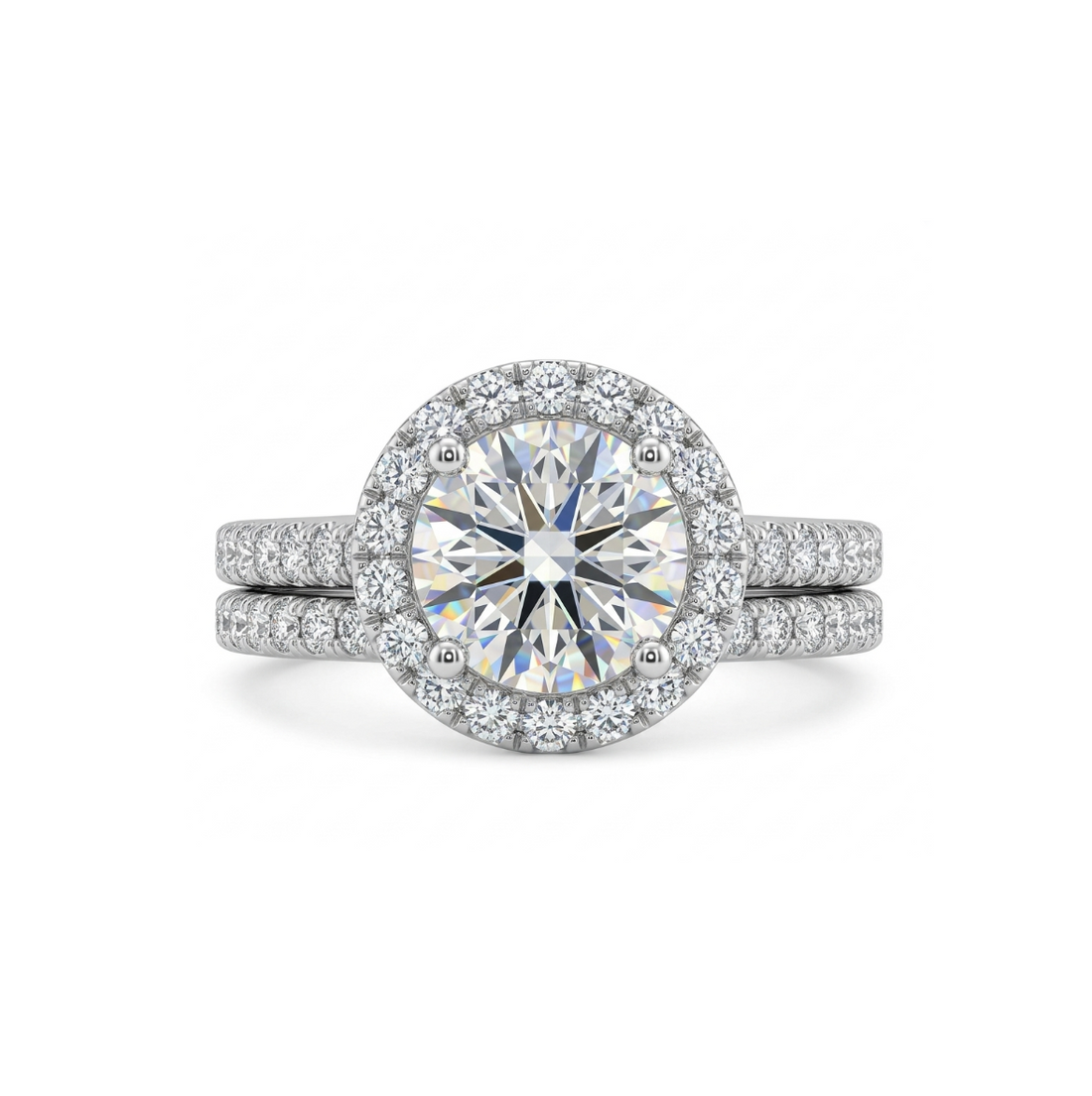 Round Lab-Grown Diamond Halo Bridal Ring Set | 14K White Gold | Engagement Ring Set | 1.00 ct Center - Brownee Jewelers