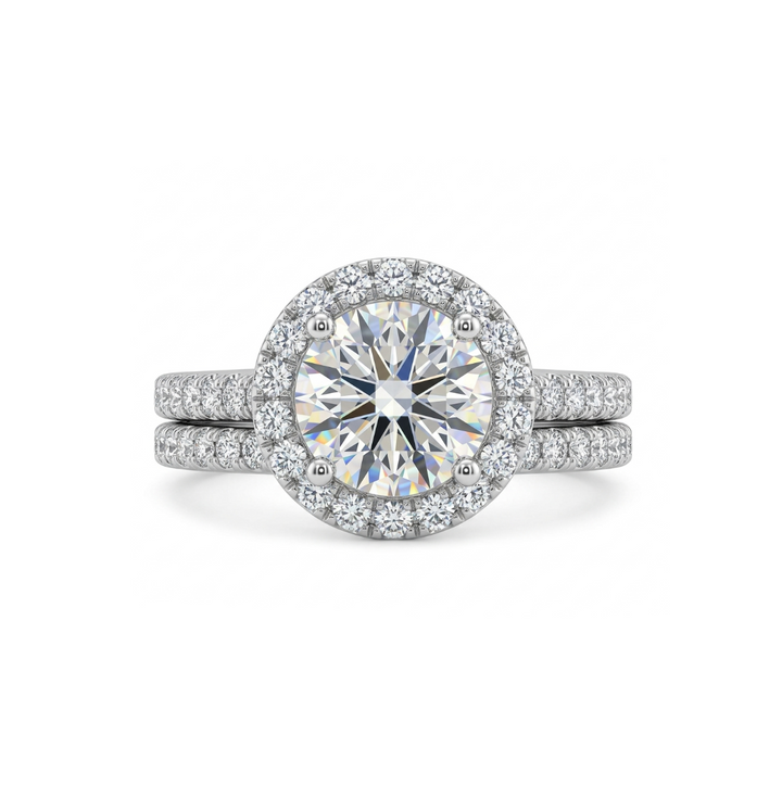 Round Lab-Grown Diamond Halo Bridal Ring Set | 14K White Gold | Engagement Ring Set | 1.00 ct Center - Brownee Jewelers