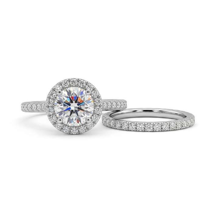 Round Lab-Grown Diamond Halo Bridal Ring Set | 14K White Gold | Engagement Ring Set | 1.00 ct Center - Brownee Jewelers