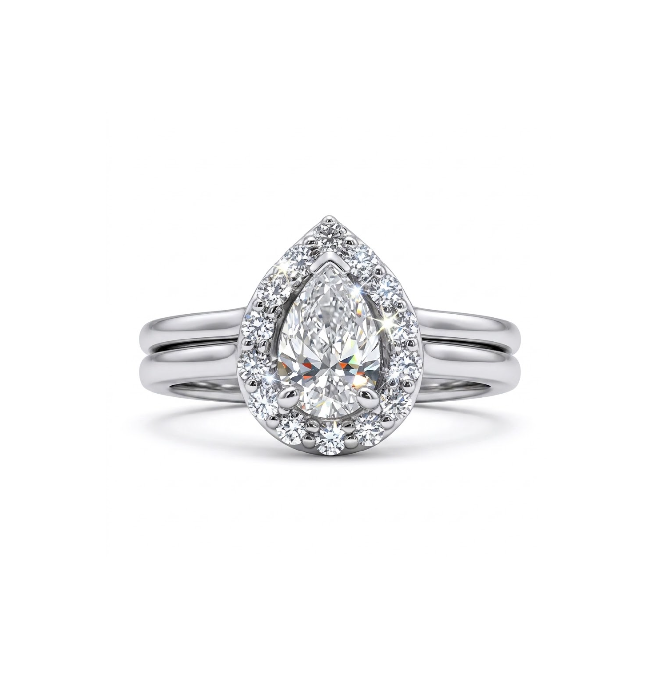 0.57 Carat Pear-Shaped Diamond with Diamond Halo Bridal Ring Set in 14K White Gold